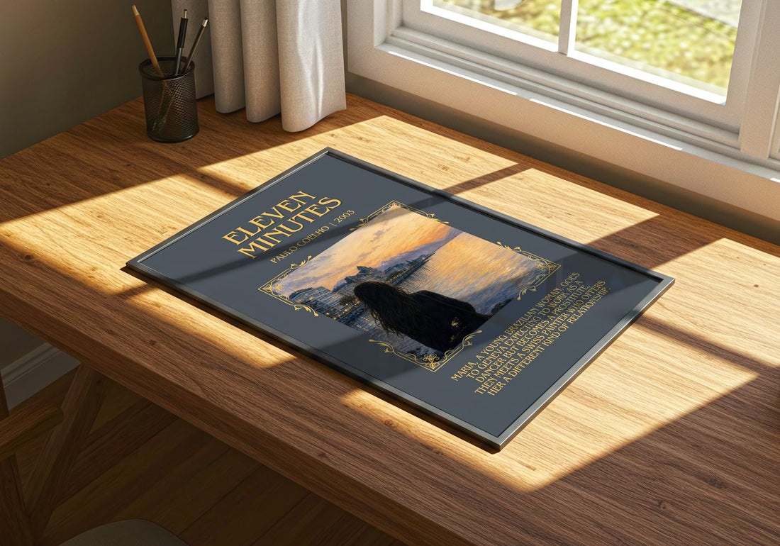 Eleven Minutes Minimalist Book Poster by Paulo Coelho – print on a sunlit desk