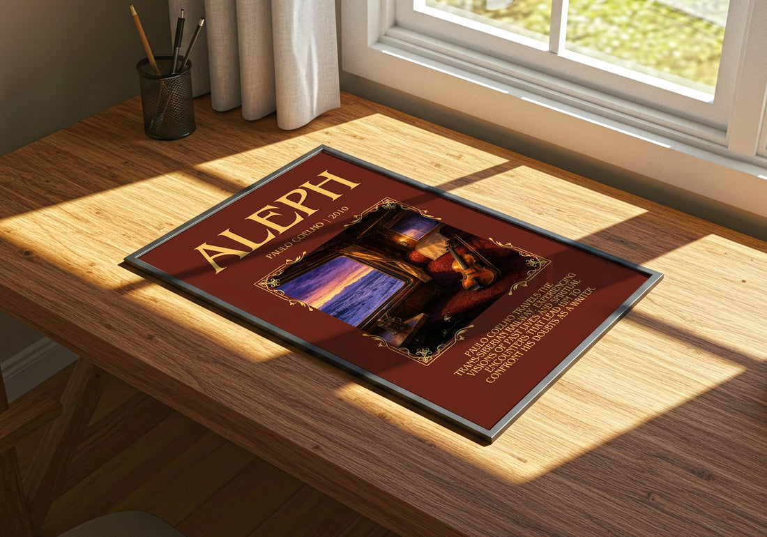 Aleph Minimalist Book Poster by Paulo Coelho – print on a sunlit desk