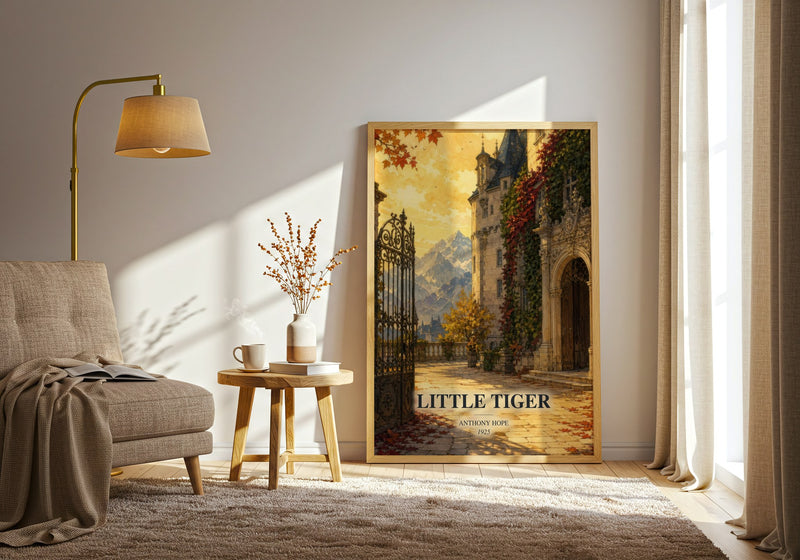 Little Tiger watercolour print in frame leaning in hallway – literary fiction wall art