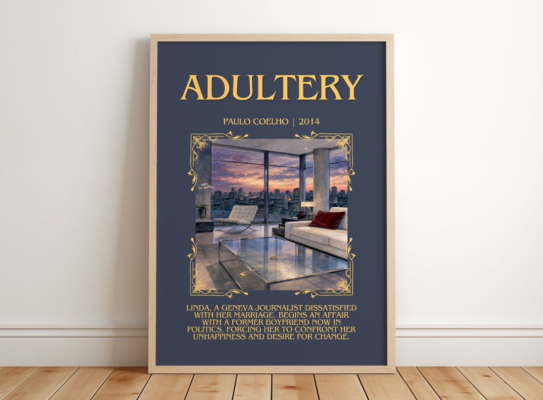 Adultery Minimalist Book Poster by Paulo Coelho – framed print leaning on a wooden floor