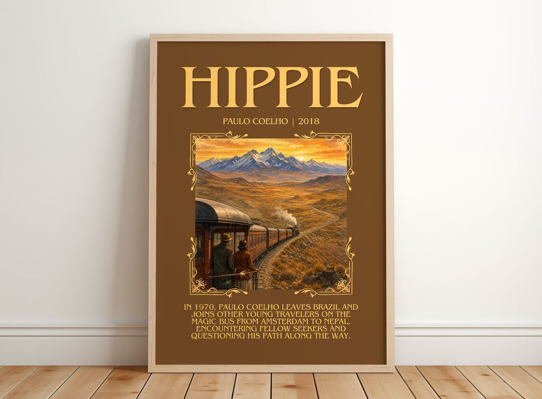 Hippie Minimalist Book Poster by Paulo Coelho – framed print leaning on a wooden floor