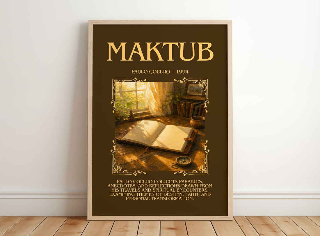 Maktub Minimalist Book Poster by Paulo Coelho – framed print leaning on a wooden floor