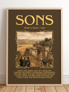 Sons Minimalist Book Poster by Pearl S. Buck – framed print leaning on a wooden floor