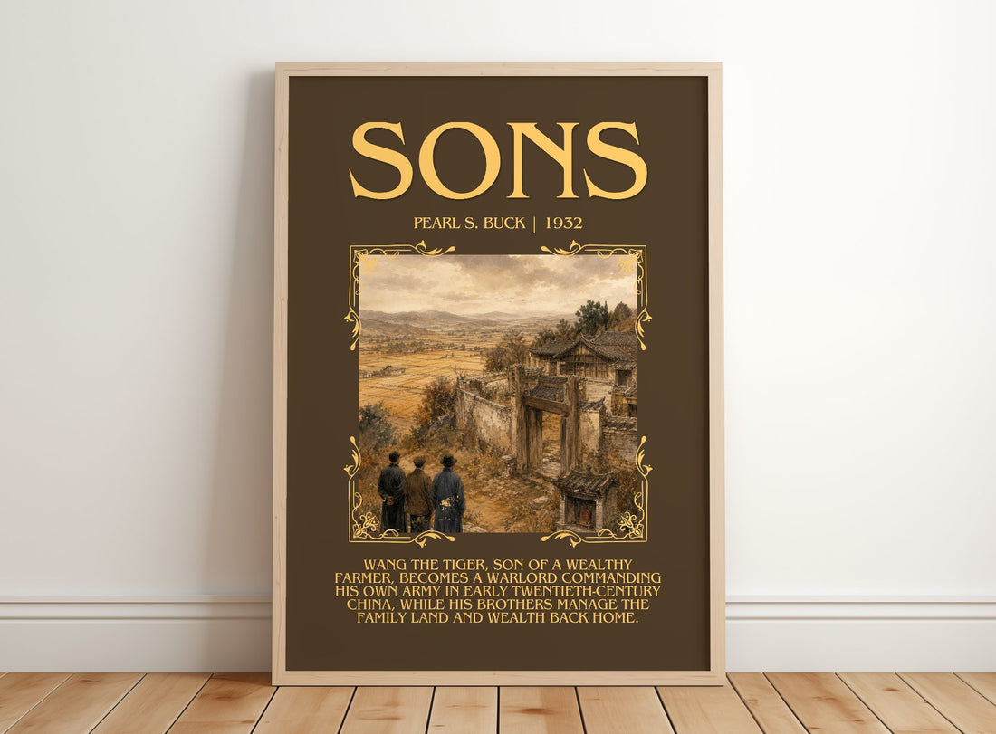 Sons Minimalist Book Poster by Pearl S. Buck – framed print leaning on a wooden floor