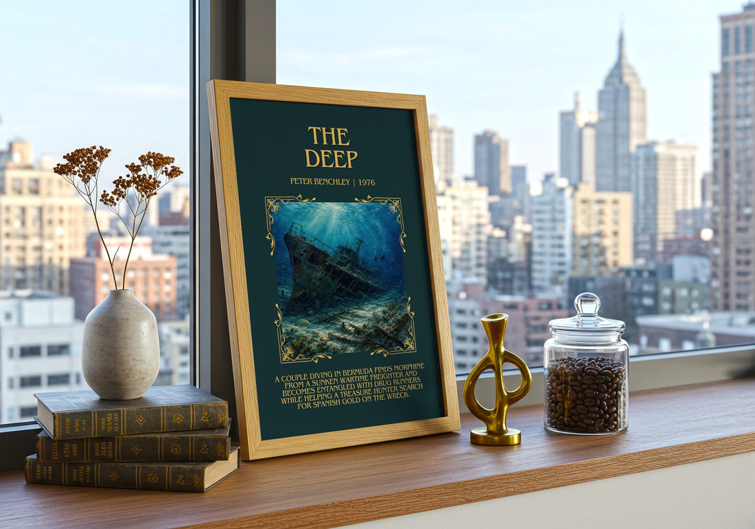 The Deep Minimalist Book Poster by Peter Benchley – framed print on a city-view windowsill
