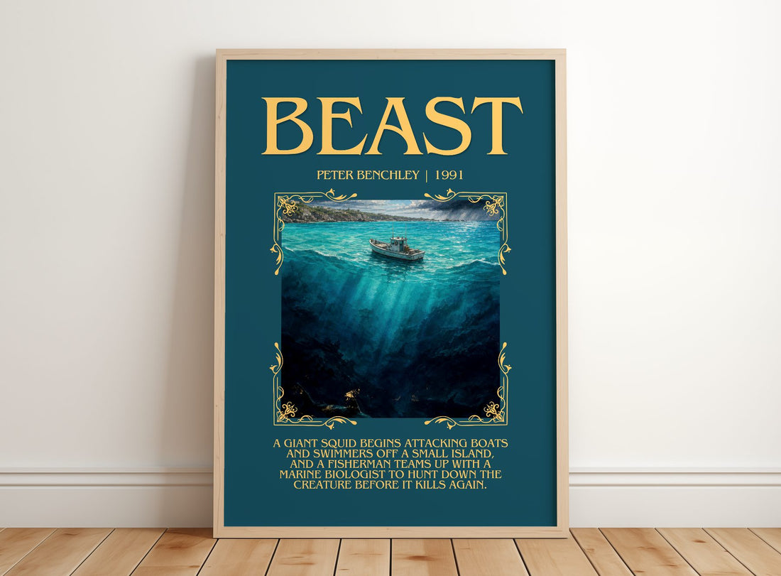Beast Minimalist Book Poster by Peter Benchley – framed print leaning on a wooden floor