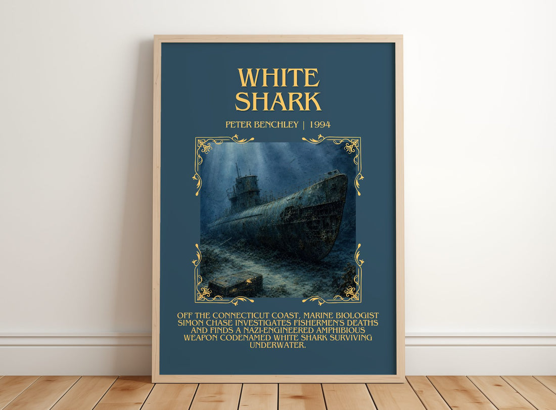 White Shark Minimalist Book Poster by Peter Benchley – framed print leaning on a wooden floor