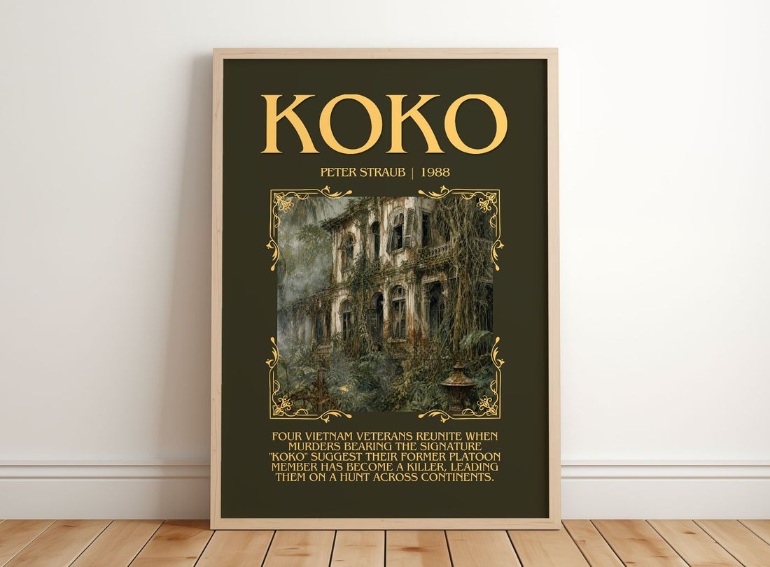 Koko Minimalist Book Poster by Peter Straub – framed print leaning on a wooden floor
