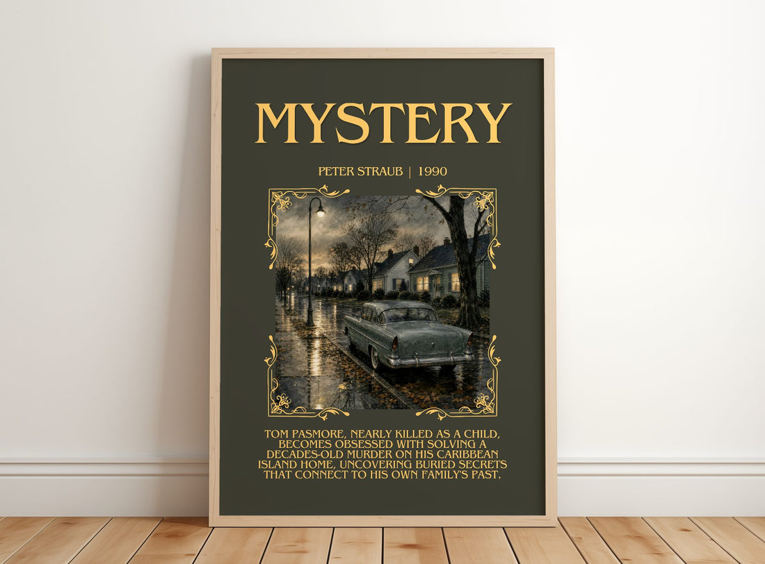 Mystery Minimalist Book Poster by Peter Straub – framed print leaning on a wooden floor