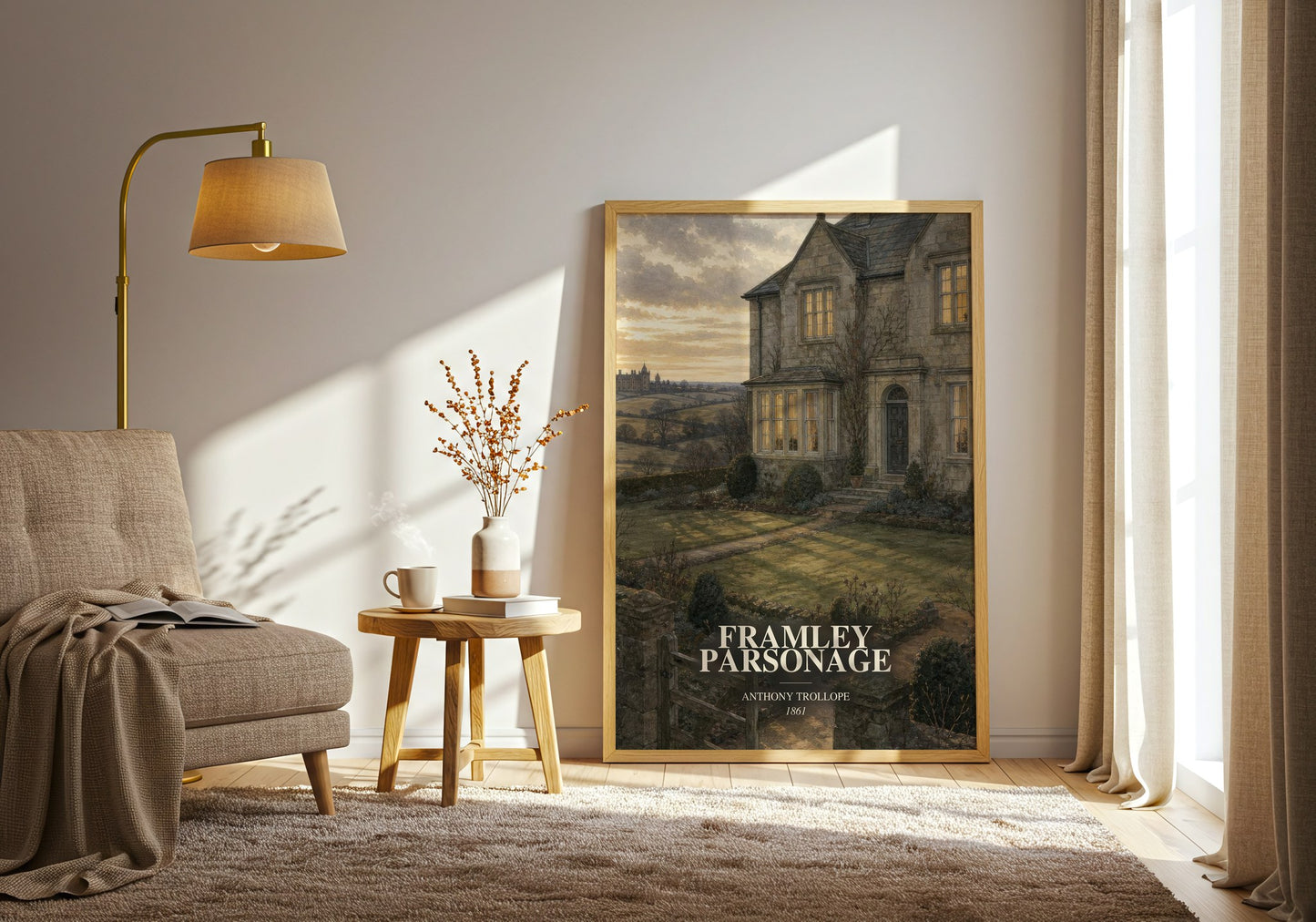 Framley Parsonage watercolour print in frame leaning in hallway – classic literature wall art