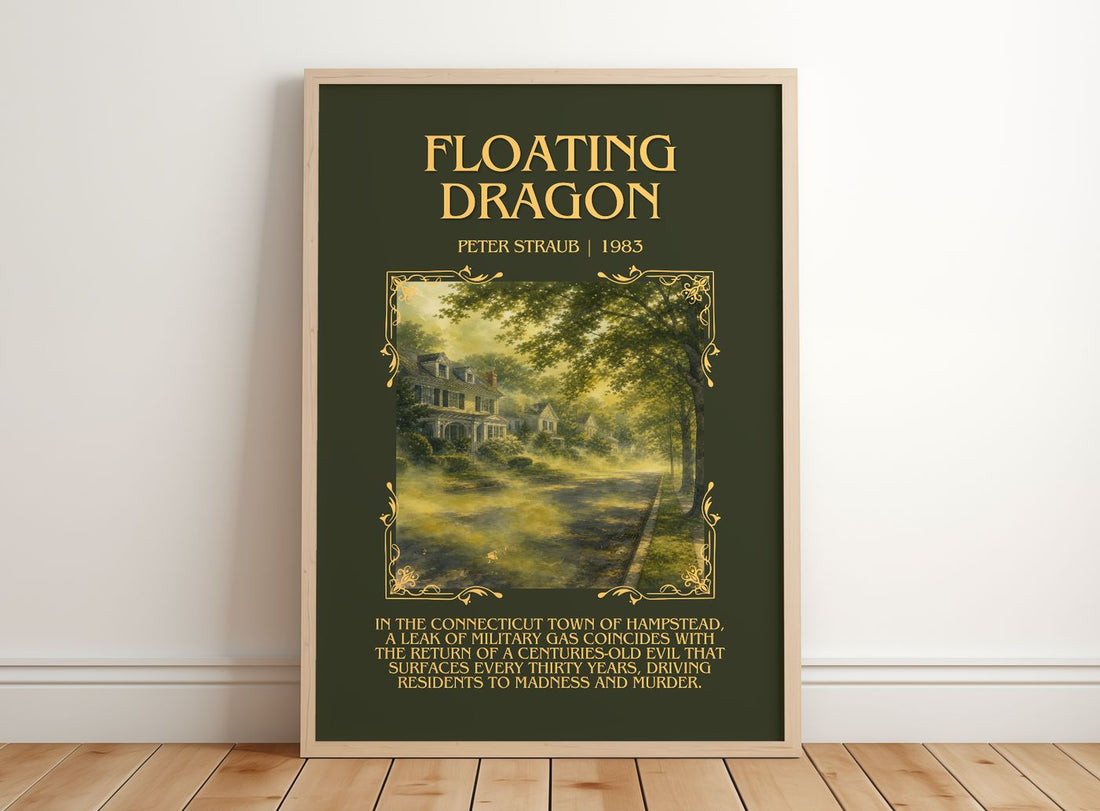 Floating Dragon Minimalist Book Poster by Peter Straub – framed print leaning on a wooden floor