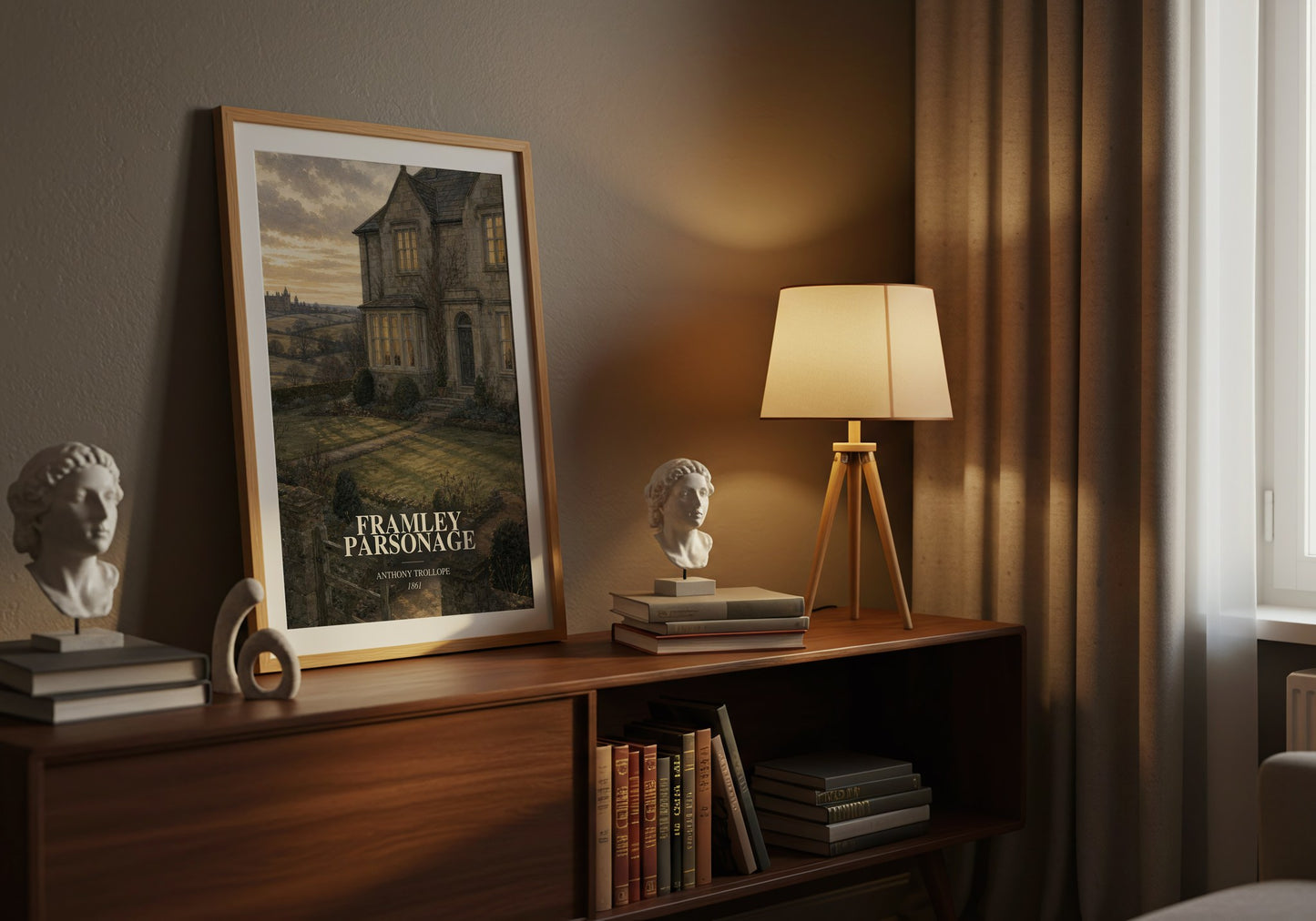 Framley Parsonage watercolour print on bookshelf – Anthony Trollope fan gift