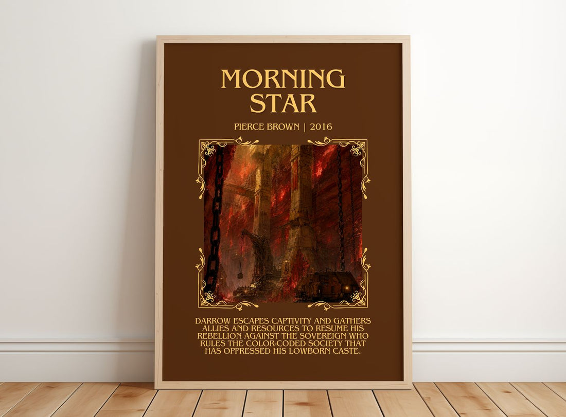 Morning Star Minimalist Book Poster by Pierce Brown – framed print leaning on a wooden floor