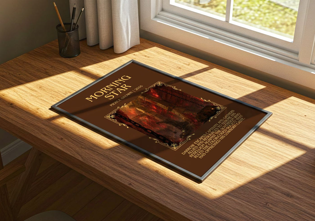 Morning Star Minimalist Book Poster by Pierce Brown – print on a sunlit desk