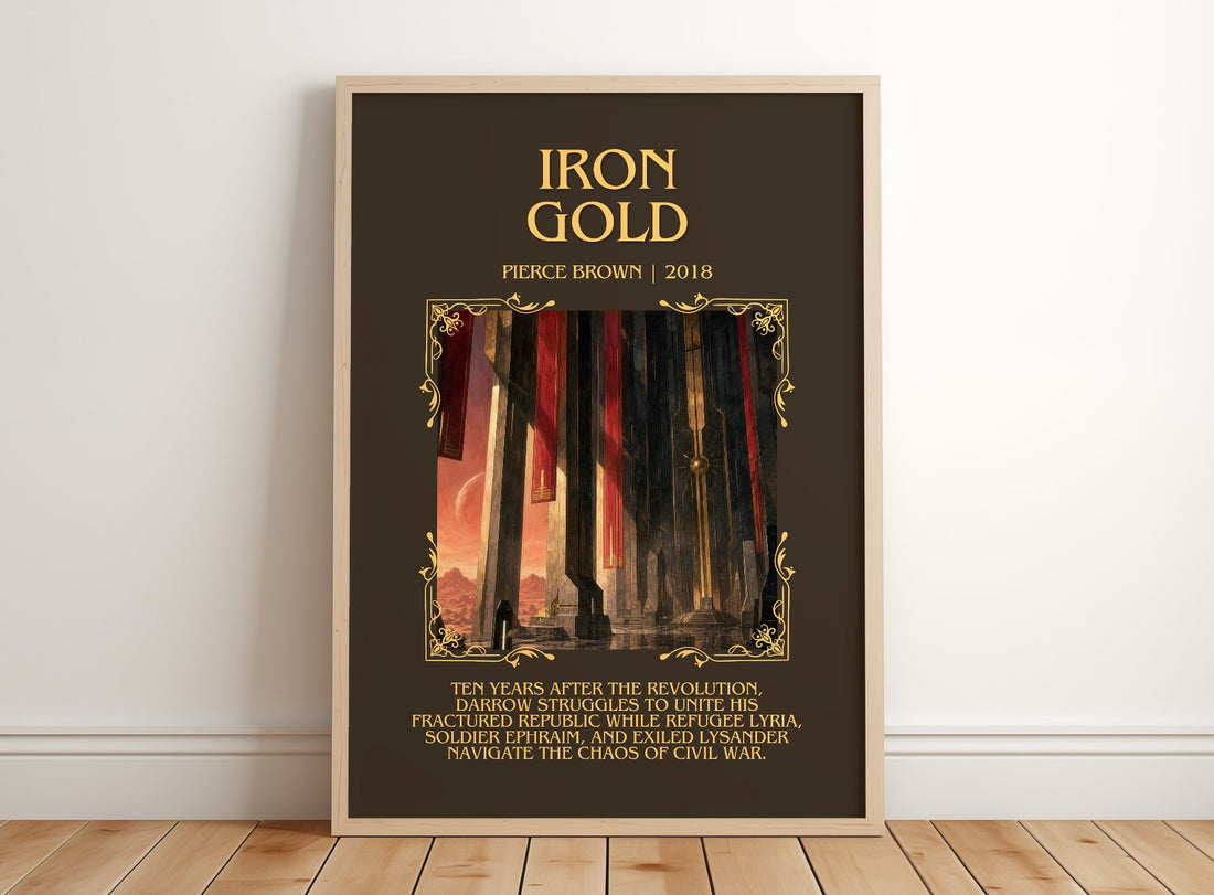 Iron Gold Minimalist Book Poster by Pierce Brown – framed print leaning on a wooden floor