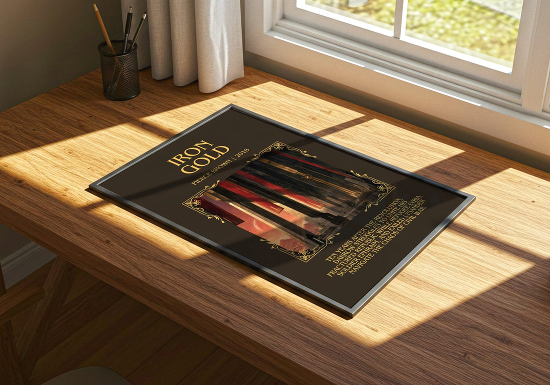 Iron Gold Minimalist Book Poster by Pierce Brown – print on a sunlit desk