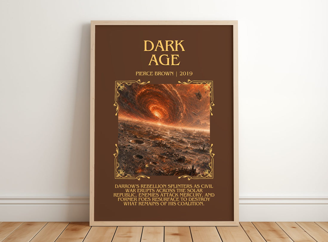 Dark Age Minimalist Book Poster by Pierce Brown – framed print leaning on a wooden floor