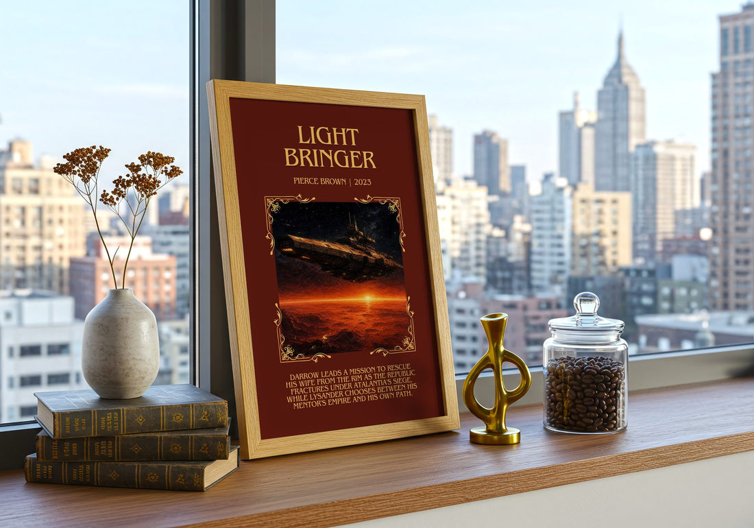 Light Bringer Minimalist Book Poster by Pierce Brown – framed print on a city-view windowsill