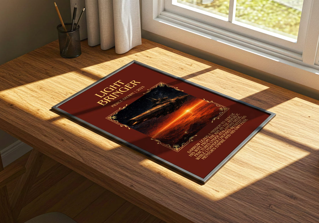 Light Bringer Minimalist Book Poster by Pierce Brown – print on a sunlit desk
