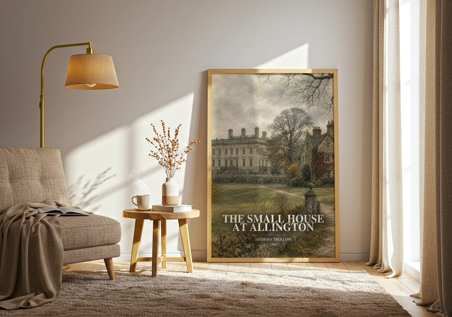 The Small House At Allington watercolour print in frame leaning in hallway – classic literature wall art
