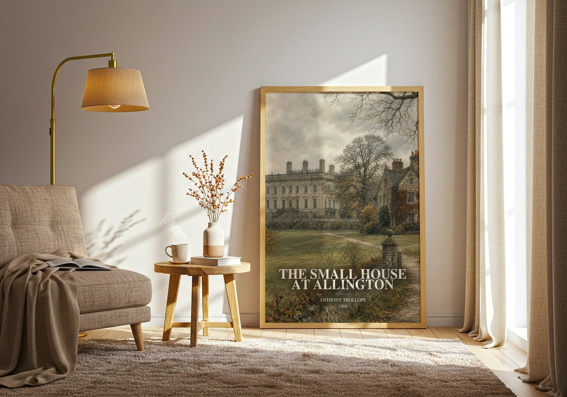 The Small House At Allington watercolour print in frame leaning in hallway – classic literature wall art