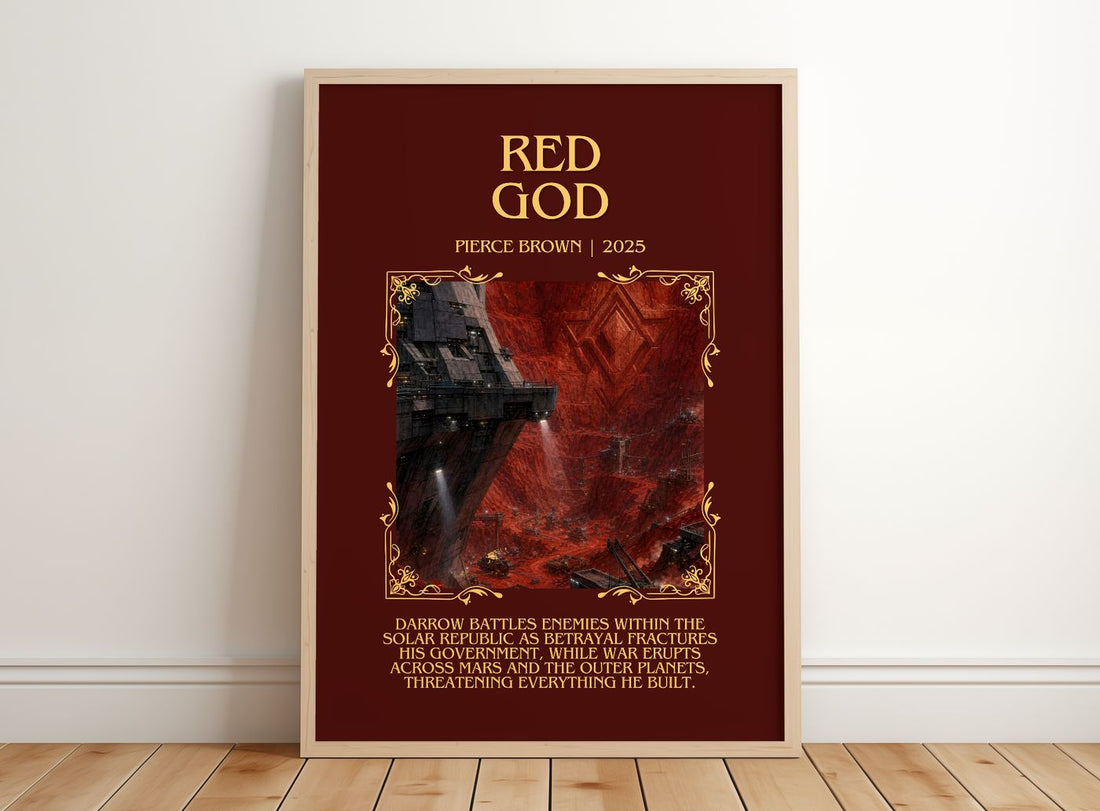 Red God Minimalist Book Poster by Pierce Brown – framed print leaning on a wooden floor