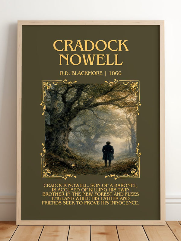 Cradock Nowell Minimalist Book Poster by R.D. Blackmore – framed print leaning on a wooden floor