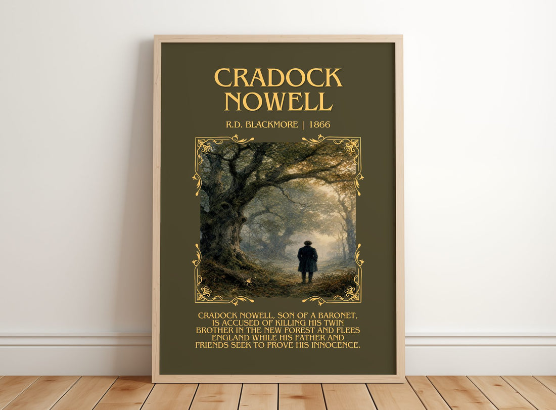 Cradock Nowell Minimalist Book Poster by R.D. Blackmore – framed print leaning on a wooden floor