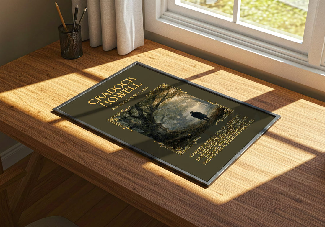 Cradock Nowell Minimalist Book Poster by R.D. Blackmore – print on a sunlit desk