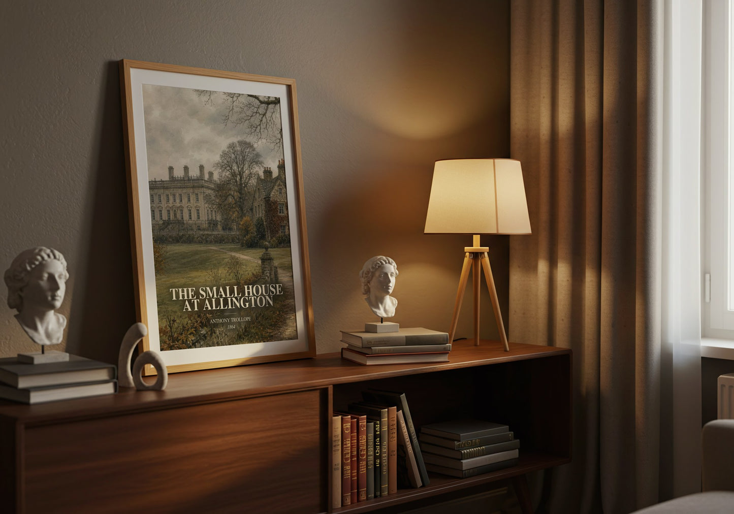 The Small House At Allington watercolour print on bookshelf – Anthony Trollope fan gift