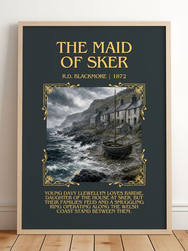 The Maid Of Sker Minimalist Book Poster by R.D. Blackmore – framed print leaning on a wooden floor
