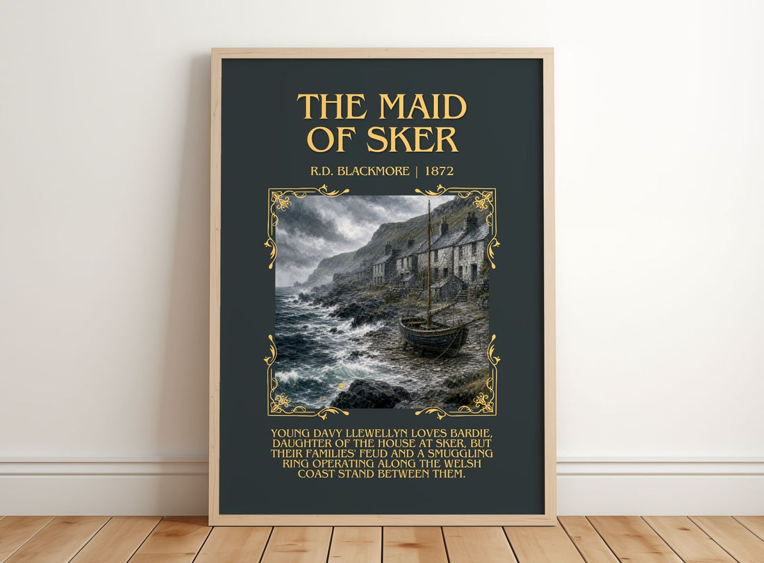 The Maid Of Sker Minimalist Book Poster by R.D. Blackmore – framed print leaning on a wooden floor