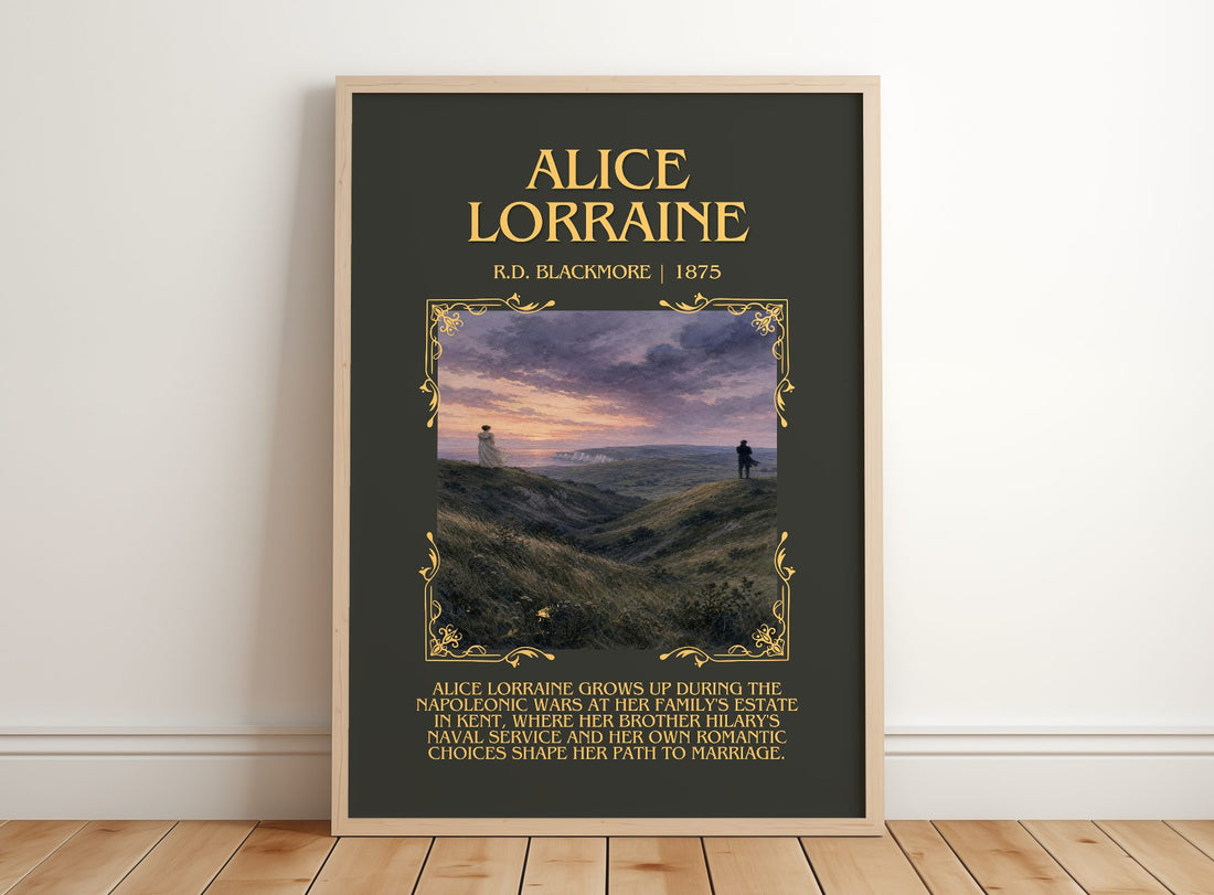 Alice Lorraine Minimalist Book Poster by R.D. Blackmore – framed print leaning on a wooden floor