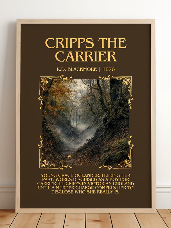 Cripps The Carrier Minimalist Book Poster by R.D. Blackmore – framed print leaning on a wooden floor