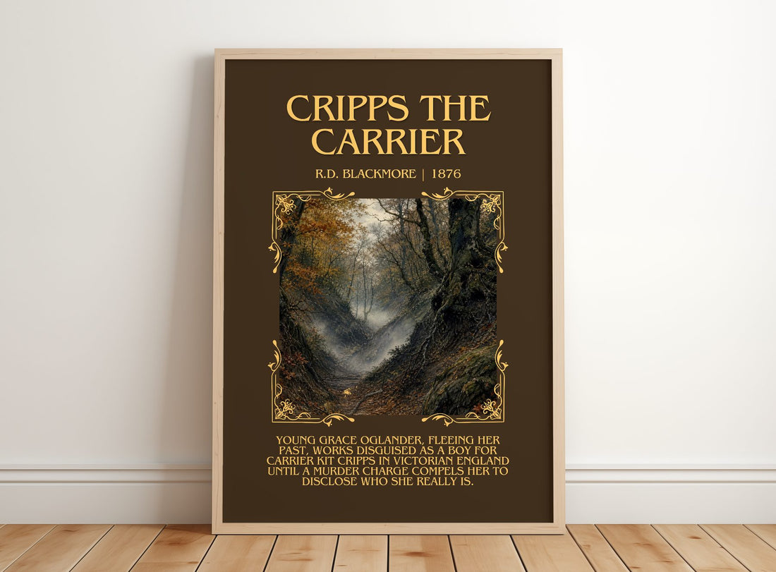 Cripps The Carrier Minimalist Book Poster by R.D. Blackmore – framed print leaning on a wooden floor