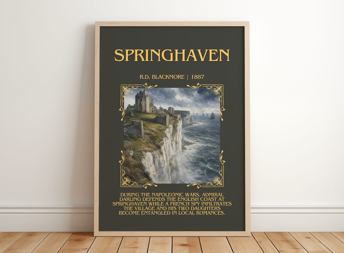 Springhaven Minimalist Book Poster by R.D. Blackmore – framed print leaning on a wooden floor