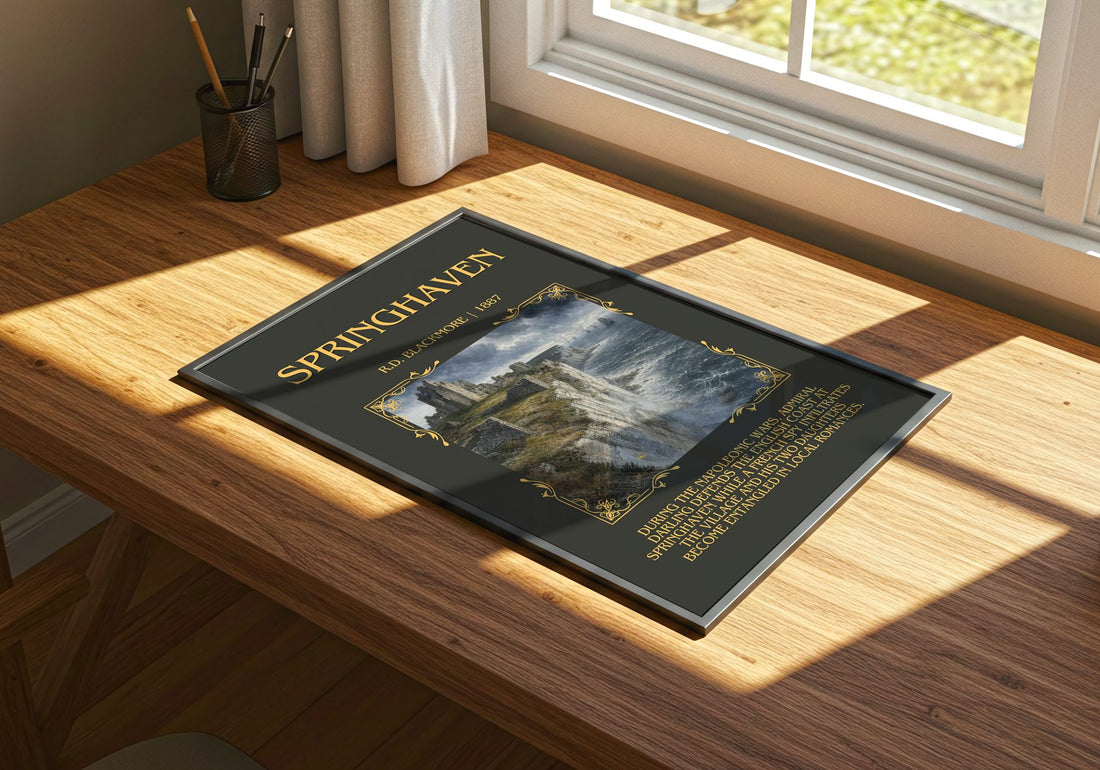 Springhaven Minimalist Book Poster by R.D. Blackmore – print on a sunlit desk