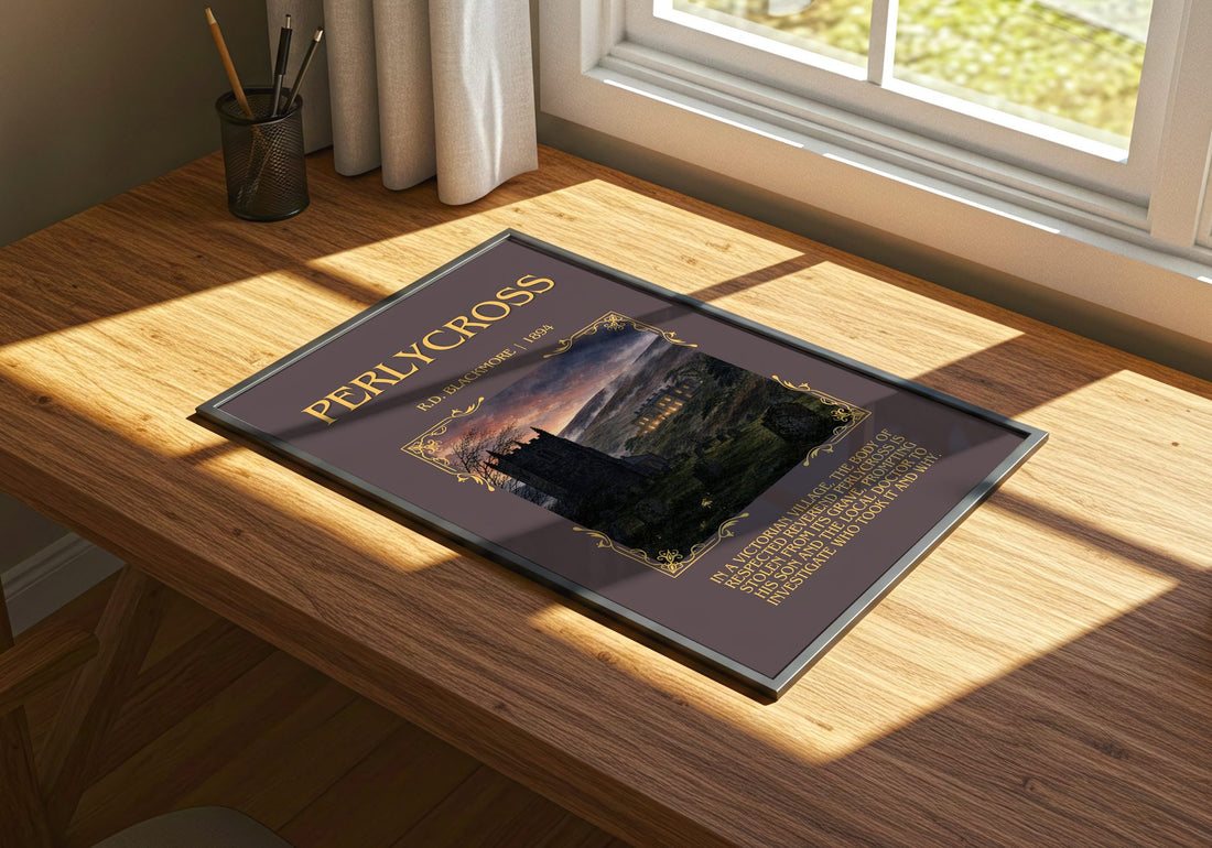 Perlycross Minimalist Book Poster by R.D. Blackmore – print on a sunlit desk