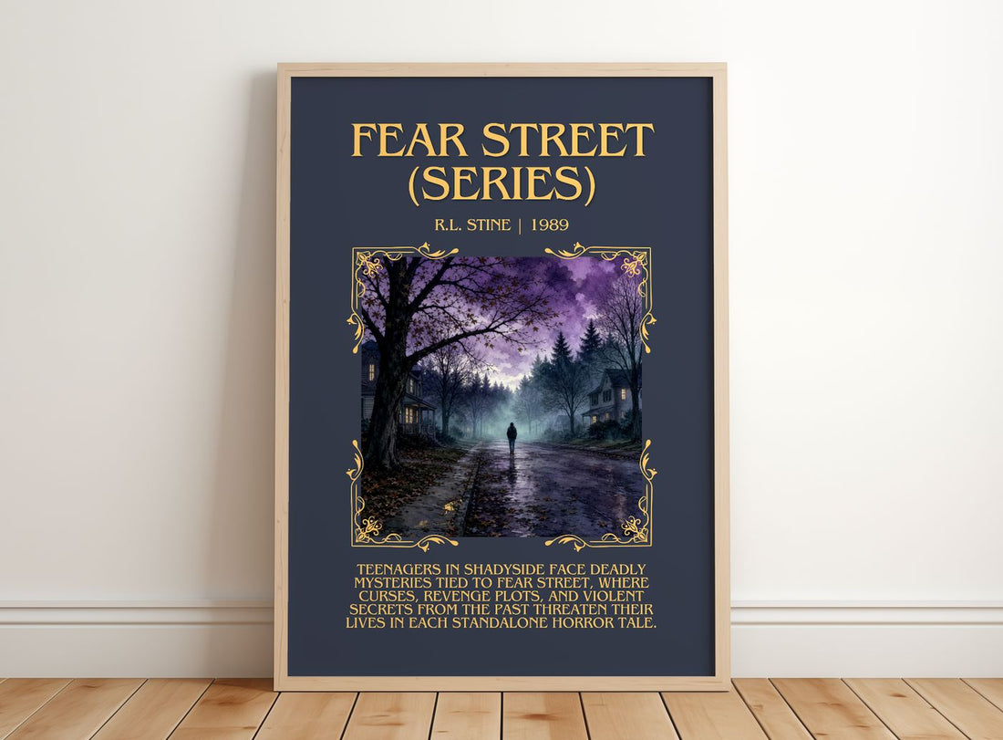 Fear Street (Series) Minimalist Book Poster by R.L. Stine – framed print leaning on a wooden floor