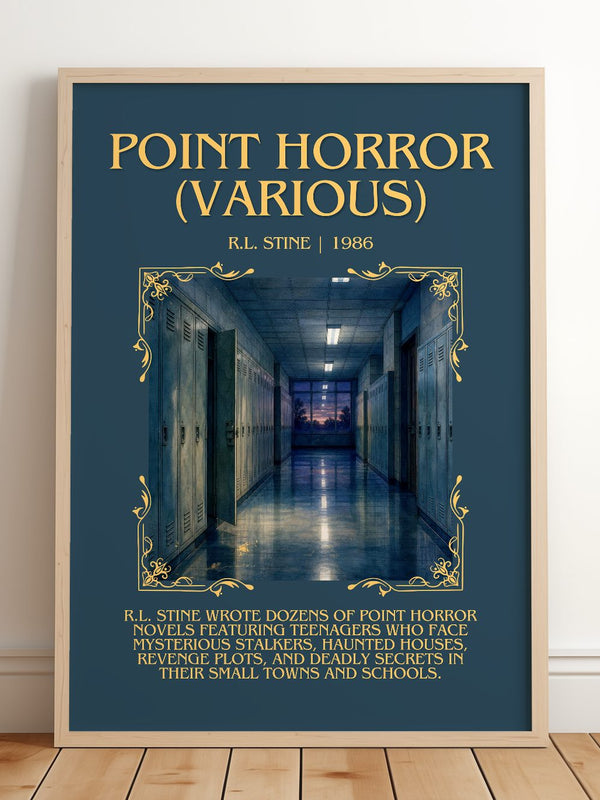 Point Horror (Various) Minimalist Book Poster by R.L. Stine – framed print leaning on a wooden floor