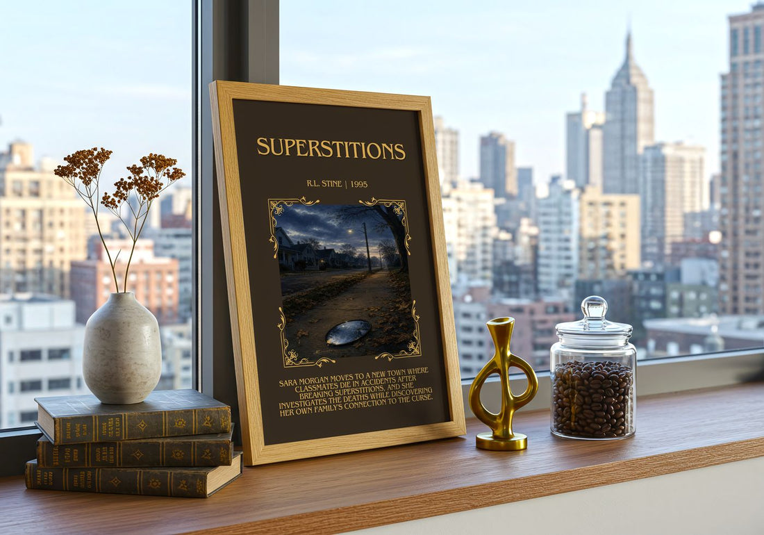 Superstitions Minimalist Book Poster by R.L. Stine – framed print on a city-view windowsill