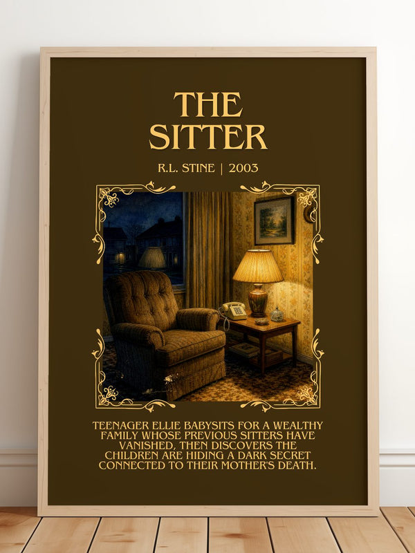 The Sitter Minimalist Book Poster by R.L. Stine – framed print leaning on a wooden floor