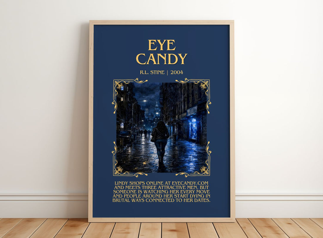 Eye Candy Minimalist Book Poster by R.L. Stine – framed print leaning on a wooden floor
