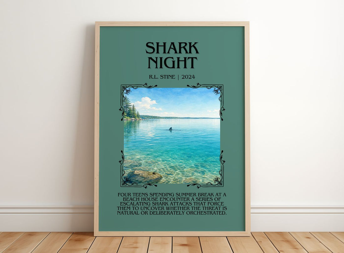 Shark Night Minimalist Book Poster by R.L. Stine – framed print leaning on a wooden floor