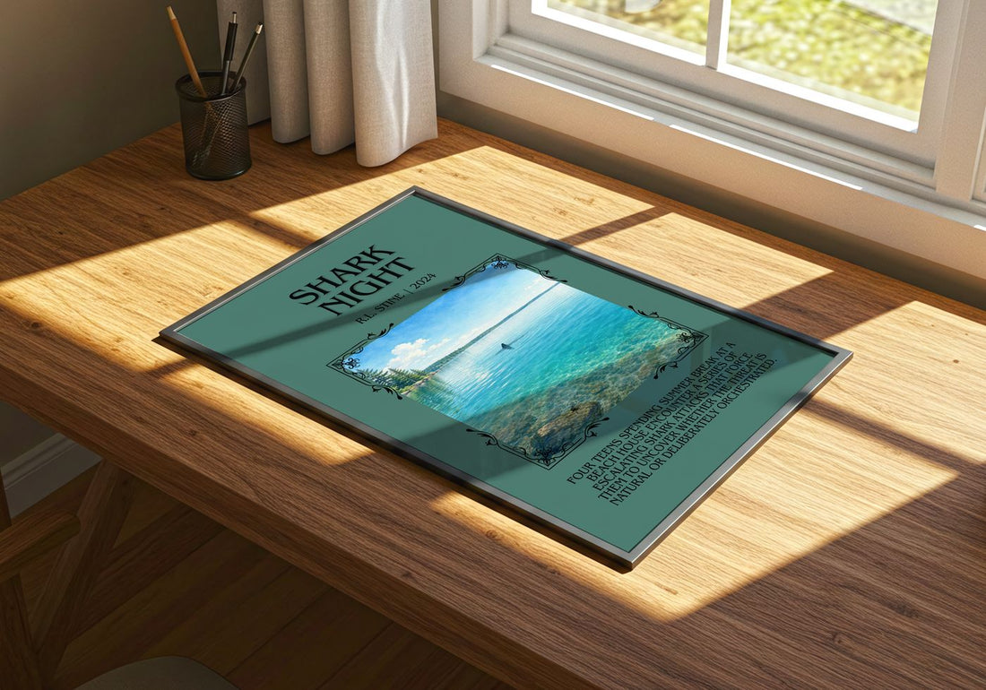 Shark Night Minimalist Book Poster by R.L. Stine – print on a sunlit desk