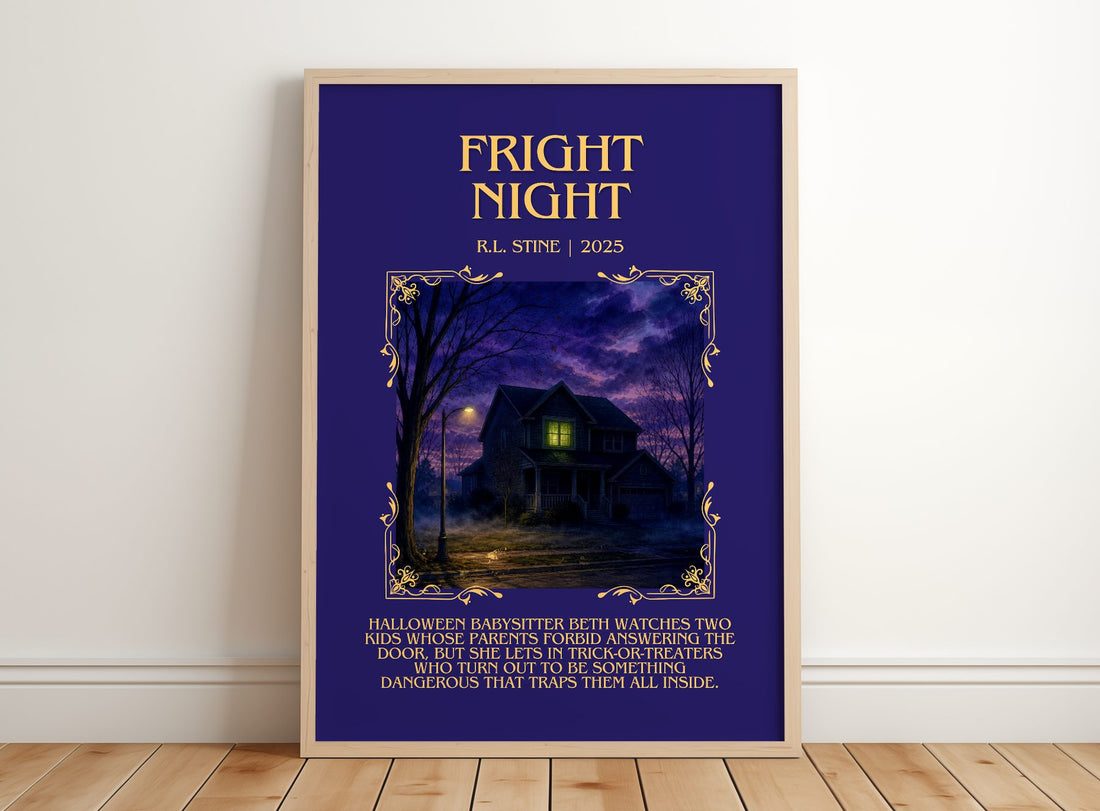 Fright Night Minimalist Book Poster by R.L. Stine – framed print leaning on a wooden floor