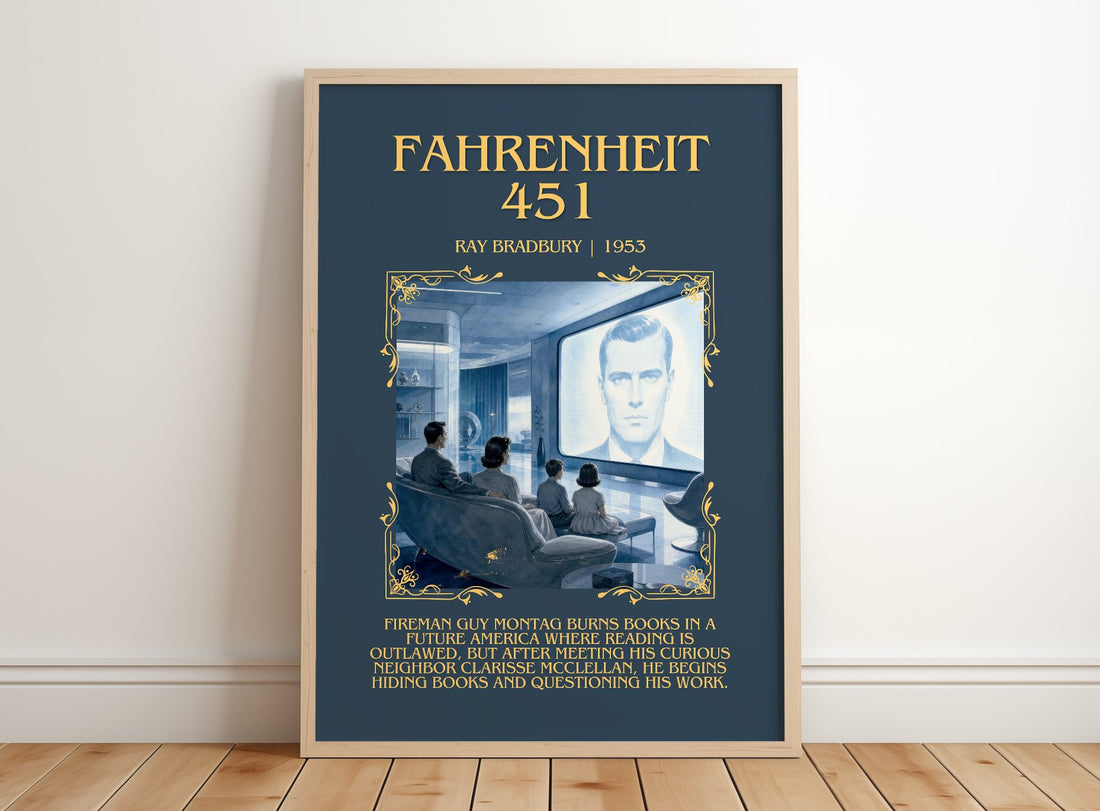 Fahrenheit 451 Minimalist Book Poster by Ray Bradbury – framed print leaning on a wooden floor
