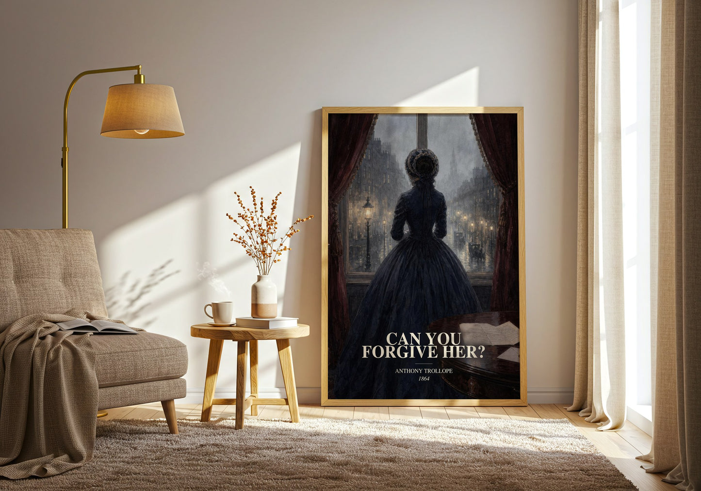 Can You Forgive Her? watercolour print in frame leaning in hallway – classic literature wall art