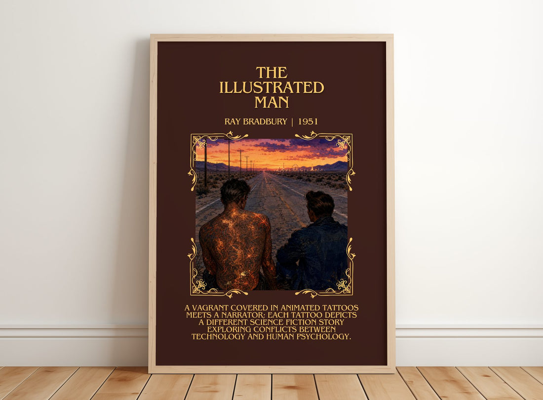The Illustrated Man Minimalist Book Poster by Ray Bradbury – framed print leaning on a wooden floor