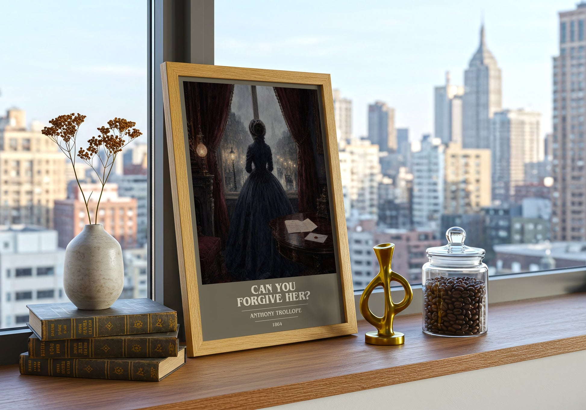 Can You Forgive Her? book cover print framed by window – literary home decor
